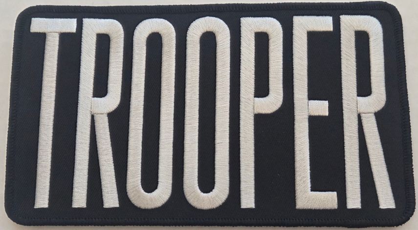 TROOPER 4" X 7" PATCH, LIGHT SILVER on BLACK - VELCRO.